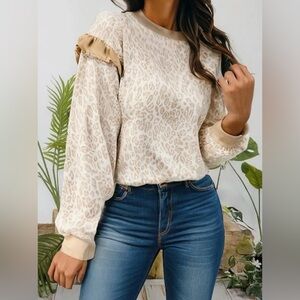 Lightweight Leopard Print Ruffle Sleeve Top | Cream | S-XL | NWT